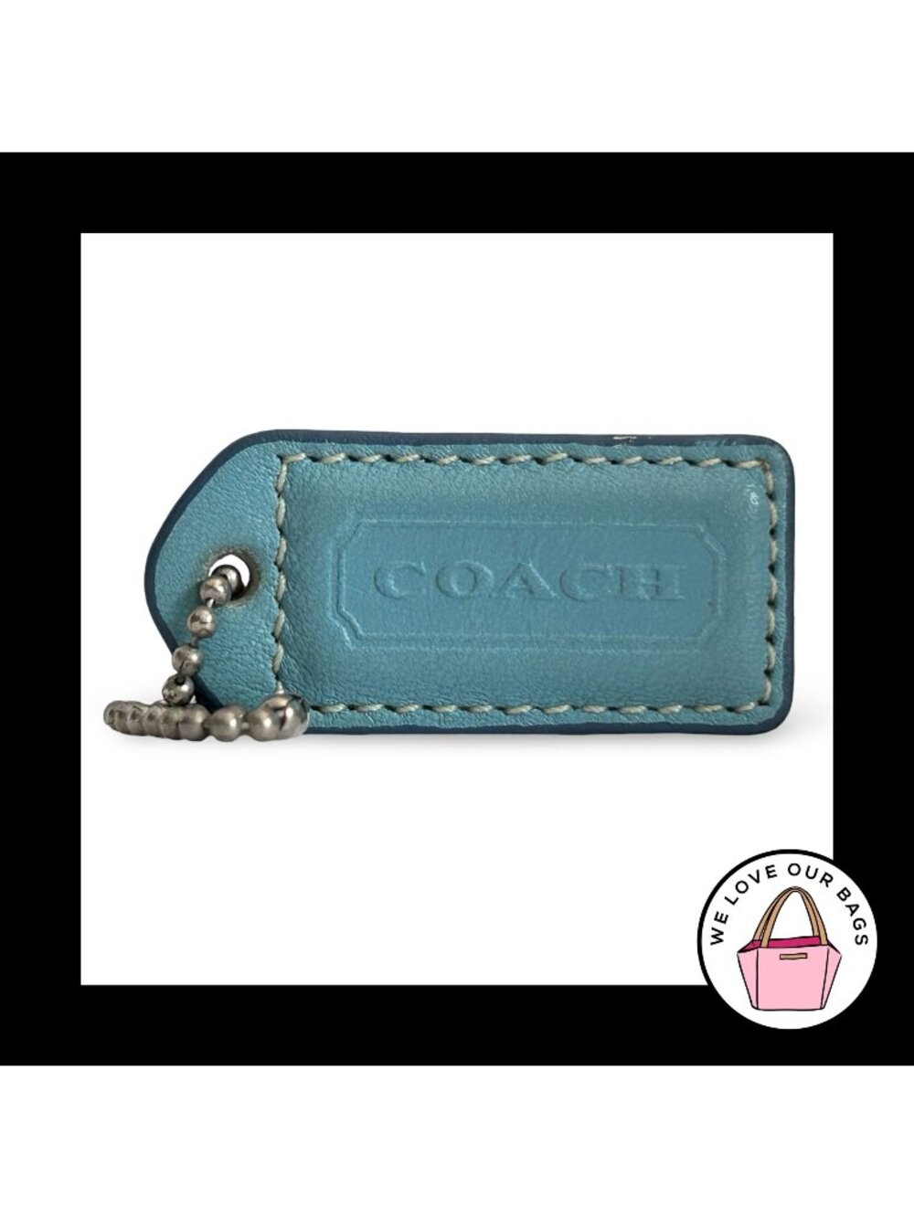 COACH Y2K VINTAGE Hang Tag 2" Blue Leather Bag Charm Keychain Fob Nickel Medium